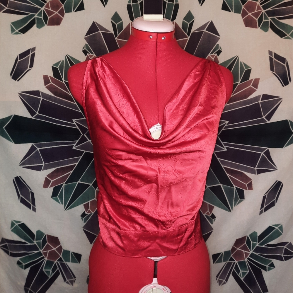 Cloud Ten Medium Red Satin Crisscross Back Cowl Club Crop Top